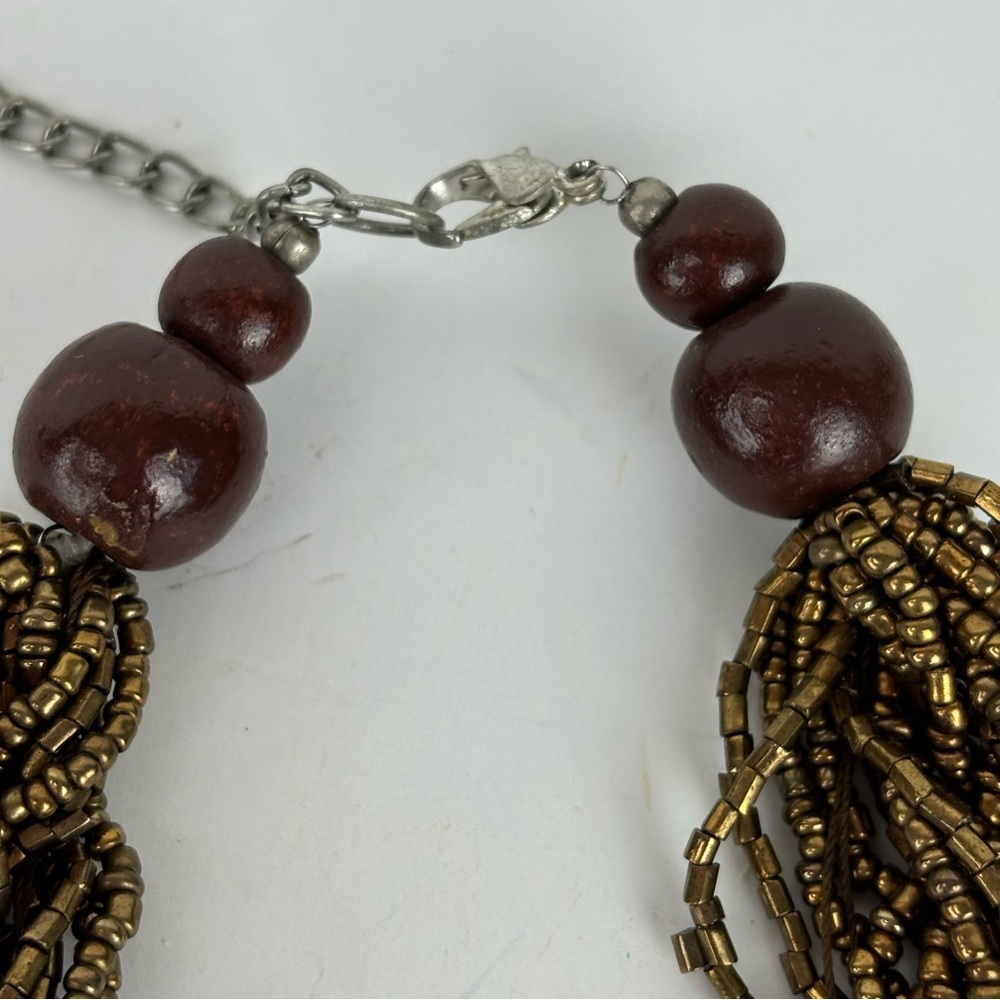 Woven Metallic Beaded Statement Necklace - Bronze-Tone - Picture 2 of 7